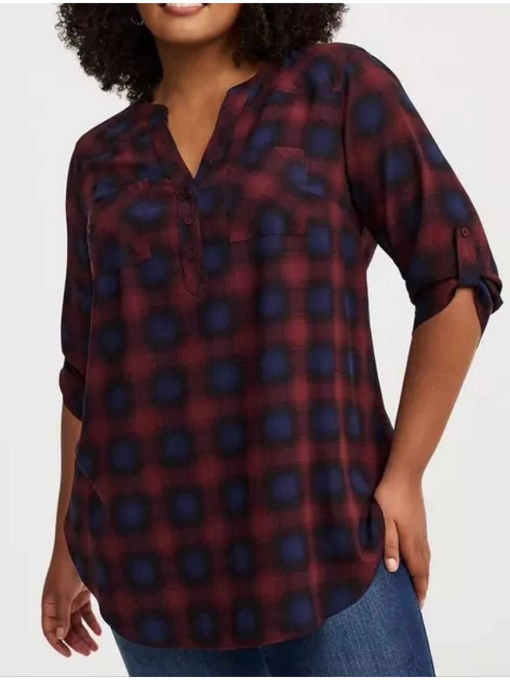 5X • Torrid • Harper 3/4 Sleeve Plaid Henley Roll-Sleeve Tunic Blouse
